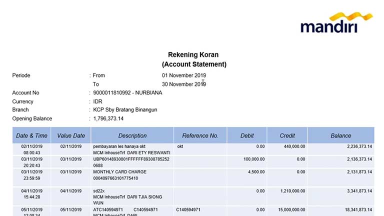 cara minta rekening koran mandiri